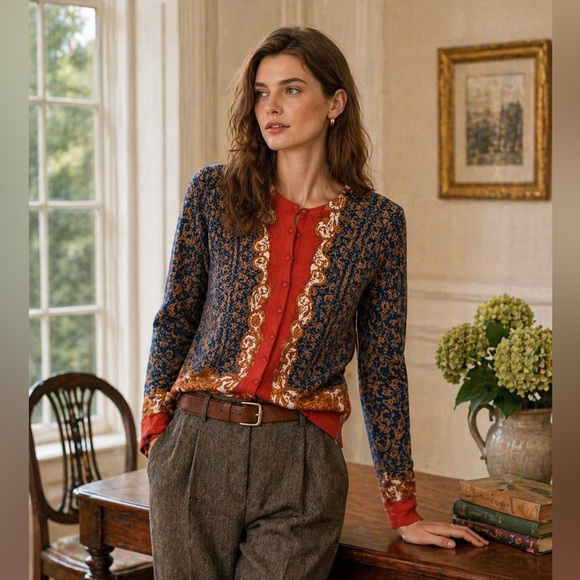 Lord & Taylor Sweaters - Red Cardigan Lord & Taylor Merino Wool Baroque Tapestry Sweater Size M Vintage